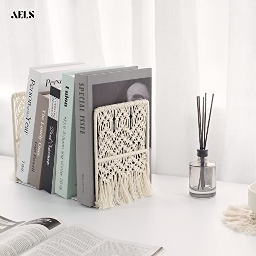 AELS Boho Macrame Bookends, Heavy Duty Metal Book Ends, Decorative Unique Bookend Supports for Shelves, Stopper for Books/Movies/CD, Farmhouse Decoration,Thanksgiving for Friends - color: Beige(geometric)