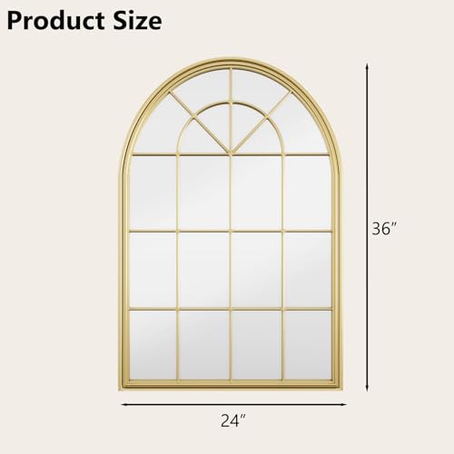 Gold Arched Window Pane Mirror - 24"x36" Farmhouse Arch Decorative Window Pane Wall Mirror for Wall Decor, Gold Metal Framed Mirrors for Living Room, Bathroom, Entryway, Bedroom, Fireplace - color: Gold 01- Window Pane