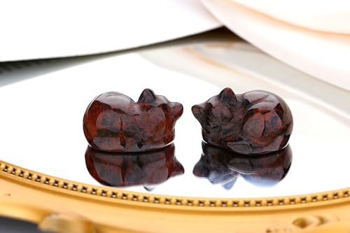 QINJIEJIE Red Obsidian Cat Crystals Decor Sleeping Cat Statue Healing Stone Decor Pocket Polished Gemstones Figurine Office Room Home Desk Decors Cute Gem Gifts for Women Men Stocking Stuffers - color: F-red-red Obsidian, size: 1.5 inches