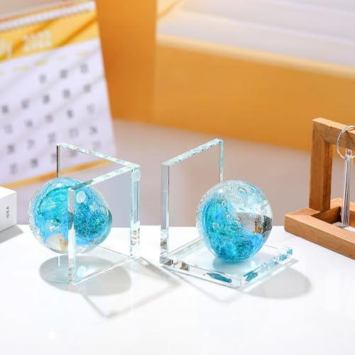 Book Ends for Shelves, Glass Bookends with Turquoise Crystal Hand Blown Sea Wave Ball, Non Skid Sturdy Glass Decorative Bookends for Ocean Lovers, Heavy Books, Office, Set of 2 - color: Light Blue+green