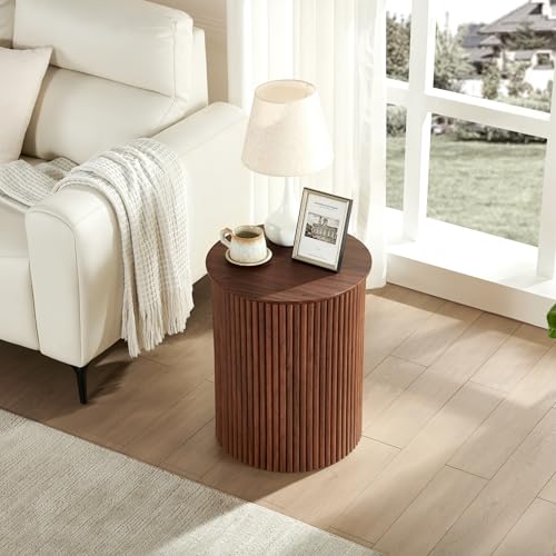 AVZEAR Small Round Side Table Fluted Night Stand Set of 2, 17.7" Mid Century Modern End Table, Circle Bedside Tables Wood Nightstands for Small Spaces, Living Room, Bedroom (Rustic Walnut) - color: Walnut, size: 17.7"D x 17.7"W x 21.6"H