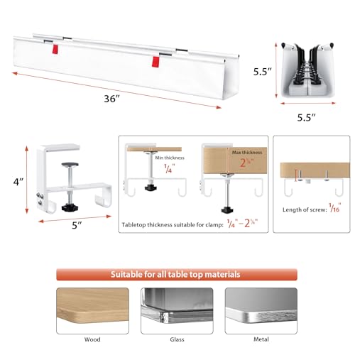 Univivi No Drill Under Desk Cable Management Tray, 36" Cord Organizer for Table, Clamp/Screw Mount Desk Cable Management, Premium Fabric Cable Management Tray for Office, Home - color: White, size: 36"L x 5.5"W