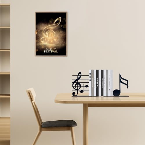 Ecqizer Music Themed Book Ends,Musical Note Bookend,Metal Bookend,Bookends Decorative,Home Decorative Bookends,Bookshelf Holder,Gifts for Music Lovers,Music Teacher and Women, Black