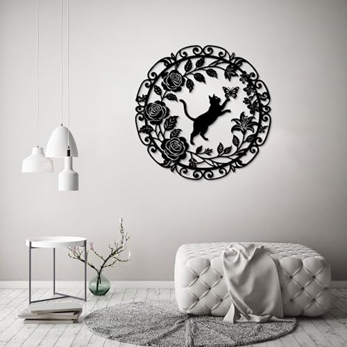 GlintHome Large Metal Cat Wall Art Decor Butterflies and Cats Black Wall Hanging Decor Silhouette for Home Bedroom Living Room Bathroom Kitchen Office Garden Wall Decoration - color: Black-2, size: Large