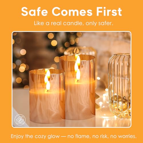 Eywamage Gold Glass Flameless Pillar Candles with Remote, Flickering Christmas LED Candles Battery Operated Set of 3 - color: Gold