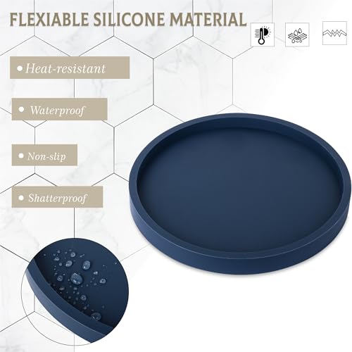 Silicone Bathroom Tray Round Vanity Tray Decorative Soap Holder Kitchen Countertop Organizer Coffee Table Decor for Candle, Perfume, Plant, 10 Inch, Dark Blue - color: Dark Blue, size: 10"