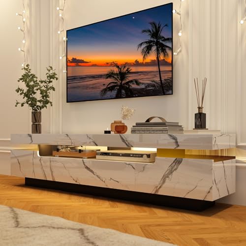Uspeedy 70IN White TV Stand for 75/80 inch TV,Modern LED TV Stand for Living Room,High Gloss Entertainment Center with Storage Drawer,APP RGB Light,TV Console,Television Stands(Marbling) - color: Marbling
