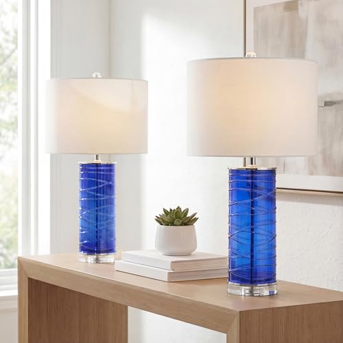 JONATHAN Y 27.5" Cobalt Modern Fused Glass Table Lamp Set of 2 for Bedroom Living Room, Coastal Nightstand Bedside Lamp with White Linen Shade, LED Bulbs Included (JYL4017D-SET2) - color: Cobalt