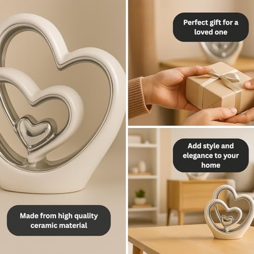 Silver Heart Ornament – Elegant Ceramic Couple Sculpture – White & Silver Tabletop Decor – Romantic Centerpiece for Living Room, Bedroom or Office – Anniversary or Valentine’s Gift