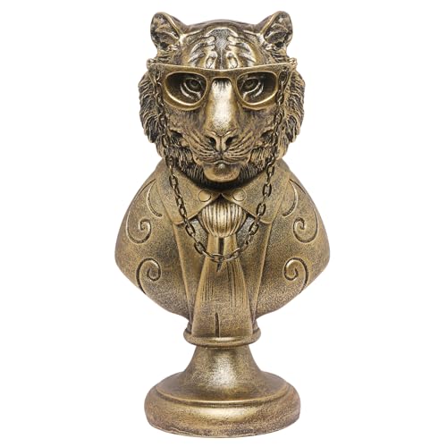Vintage Animal Statue Sculpture,Gold Resin Tiger Bust Figurine with Glasses & Suit, Retro Office Desk Decor for Home Living Room, Creative Gift for Animal Lovers - color: Tiger Bust