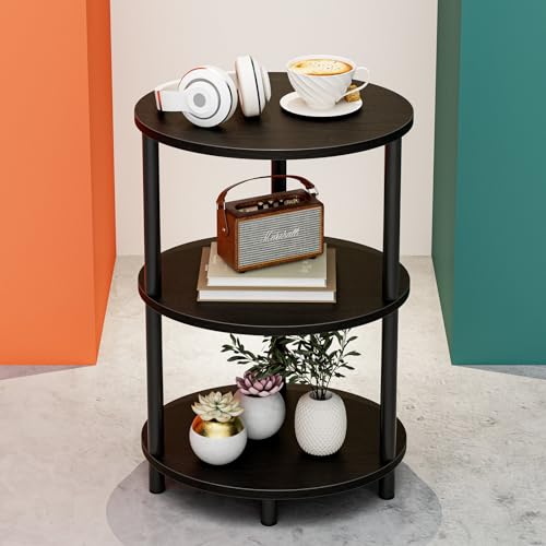 Round Pedestal End Table - 3-Tier Oval Accent Table for Small Spaces, Rustic Wood and Metal Couch Side Table, Nightstand for Bedroom or End Table Living Room, Easy to Assemble, Charcoal Wenge - color: Charcoal Wenge, size: 1-Pack, style: Without Power Out