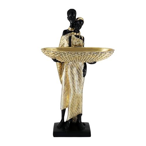 African Couple Resin Tray Sculpture – Black and Gold Decorative Bowl Statue for Entryway, Vanity, Coffee Table, Key Candy Jewelry Holder, Ethnic Art Home Decor Gift - color: 310gold