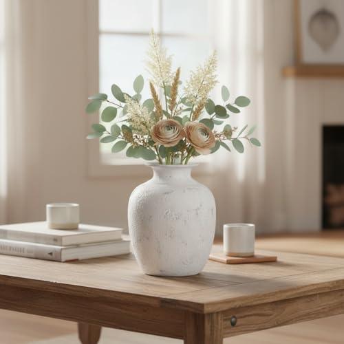 White Ceramic Vase - 7 Inch Rustic Farmhouse Vase for Pampas Grass, Dried Flowers, Textured Pottery Vases for Home Decor, Nightstand, Bedside Table, Bookshelf Decor - color: White - 1