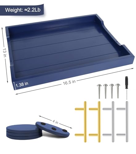 SXNOWS Coffee Table Tray - Large Ottoman Tray for Living Room - Wood Serving Tray with 2 Sets of Handles - Wooden Trays for Coffee Tables, 4 Round Coasters Included, Deep Blue - color: Navy Blue