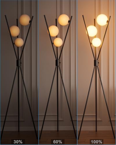 3 Globe Dimmable Tripod Floor Lamp, Mid Century Standing Lamps with 3Pcs 3000K Bulbs Included, Modern Tall Lamp for Living Room Bedroom Office-Black - color: 3 Globe-Black