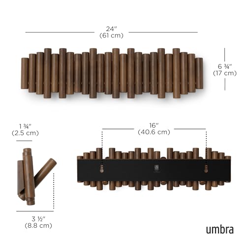 Umbra Picket Coat Rack with 8 Hooks – Walnut Wall-Mounted Coat Rack with Flip-Down Wooden Hooks, Real Pine Wood Decorative Wall Storage for Jackets, Hats, Scarves, Bags, Entryway, Bedroom Living Room - color: Walnut, size: 8-Hook