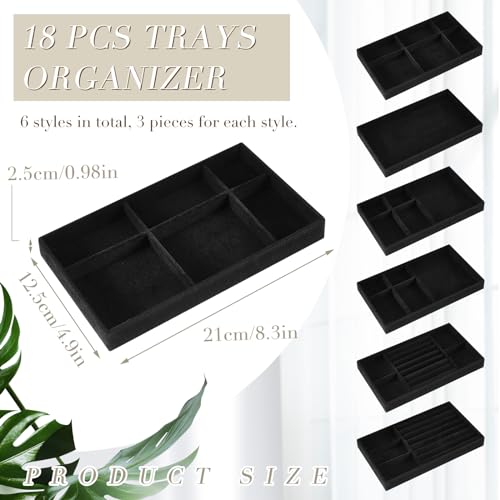 Junkin 18 Pcs Velvet Jewelry Tray, Stackable Jewelry Organizer Trays for Drawer, Jewellery Box Divided Display Tray, Jewelry Inserts for Drawer for Rings Earring Bangle Necklaces(Black) - color: Black