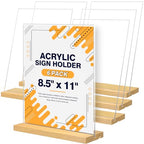 8.5 x 11 Acrylic Sign Holder with Wood Base - Tabletop Display Menu Stand - Clear Plastic L/T Shape Vertical or Slant Back Paper Holders - 6 pack - style: 8.5x11in 6pack