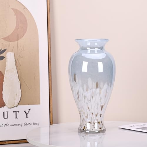 11.8" Tall Blue and White Glass Vase Beautiful Hand Blown Glass Vase Modern Art Home Decor, Wide Mouth Colorful Vases for Mantle Dining Table Centerpiece, Entryway Living Room Wedding Decoration - color: Blue White