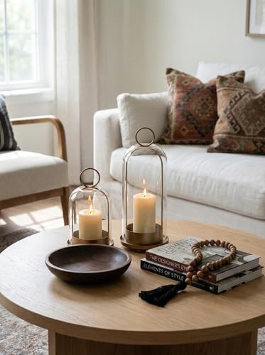 Metal Candle Holder with Handmade Glass Dome in Brass, 5" & 4" Wide Versatile Hurricane Glass Candle Holders Set of 2, for Pillar Candles & Plants (Brass)