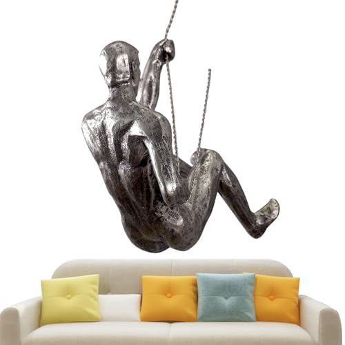 Climbing Man Wall Sculpture – Resin Decor Figure, Modern Art Accent, Black Home Ornament | Unique 3D Hanging Statue Piece, Artistic Abstract Wall Decoration Setup Living Room Bedroom Workplace Design - size: Trumpet left hand, style: Silver