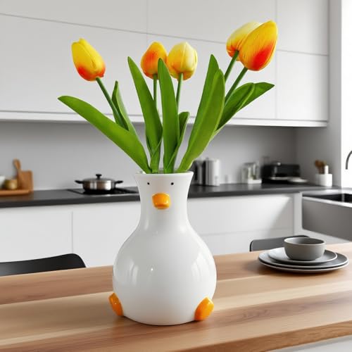 MOUGIGI Handcrafted Ceramic Duck Vase - White Modern Flower Vase with Unique Duck Design - Round Aesthetic Table Decor - Funky and Trendy Art Vase - color: Duck-vase