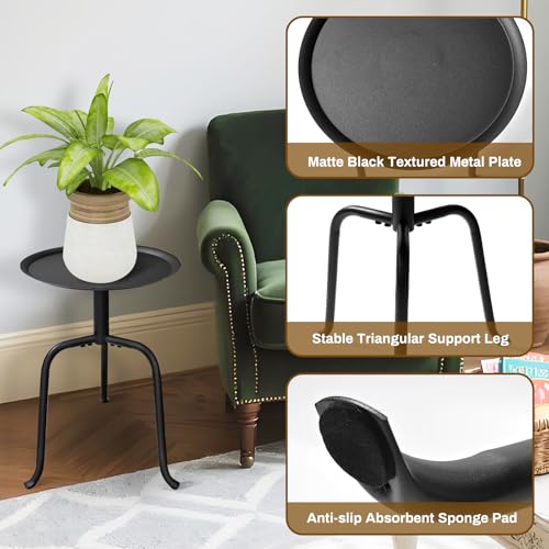 Plant Stand Indoor, Mid Century Single Plant Table, 3-Leg Minimalist Heavy Duty Metal Tall Flower Pot Stand, Modern Round Small Side End Table with Raised Design - color: Black