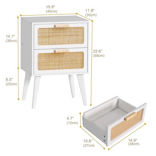 YAUKOMEL White Nightstand, Wood End Table, Side Table with 2 Hand Made Rattan Decorated Drawers,Boho Bedside Table,Wood Accent Table with Storage for Livingroom, Bedroom, White CTG59W - color: White, style: Rattan Style