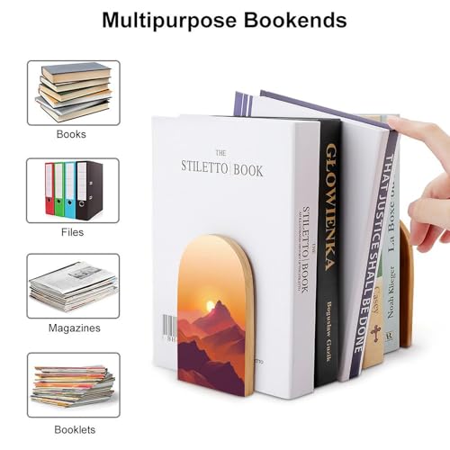 Sunset Wooden Bookends Shelves 2 PCS Mountain Sturdy Book Holders Desktop Organizer for Home Office Libraries - color: Color-2