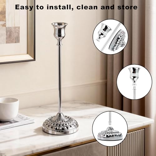 BEAHOT Silver Candle Holders, Set of 3 with Matching Candle Snuffer – Elegant Durable Non-Slip Candlestick Holders for Christmas Decorations Wedding Centerpiece, Dining Table & Home Gift Display - color: Silver 3 Pack