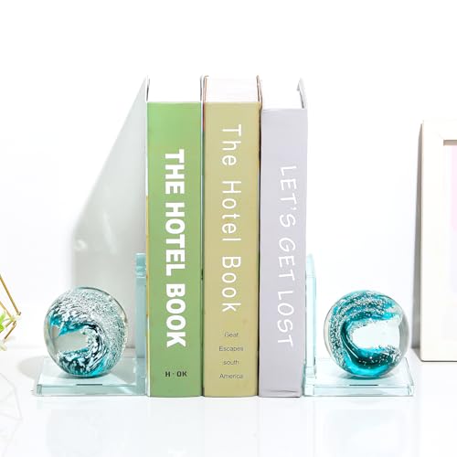 Arikyrist 1 Pair Crystal Bookends for Heavy Books with Hand Blown Ocean Waves Ball Glass Decorative Non Skid Bookends for Bookshelf Office Home (Dark Green) - color: Dark Green