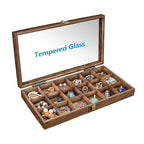 MOOCA Wooden Jewelry Display and Beads Display Storage Case with Tempered Glass Lid , 18 Compartments, 15" W x 8 3/8" L x 2 1/8" H, Brown Color - color: Brown