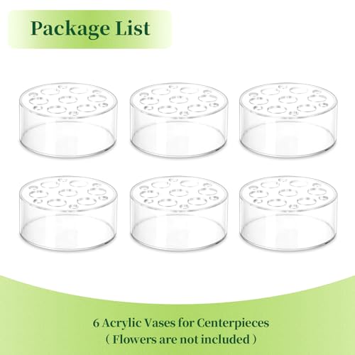 Hewory Acrylic Flower Vases for Centerpieces Round 6pcs Short Clear Floral Vase with 13 Holes, Box Arranger Bulk Low Base Holder for Wedding Birthday Party Event Dining Table Decor, 2.56"(H)×5.9"(D)