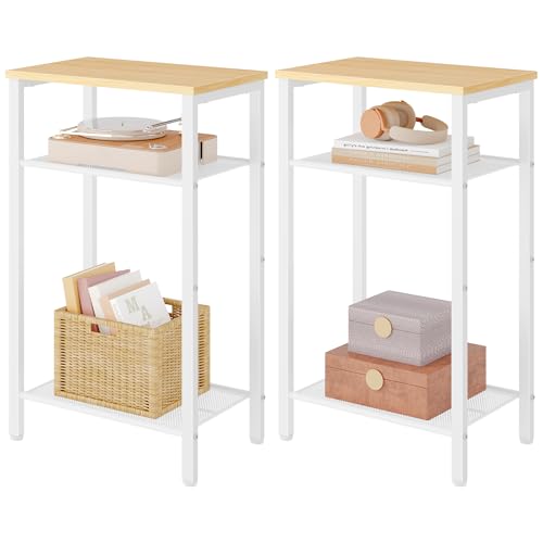 Hoctieon 2-Set 3 Tier End Table, Telephone Table Set of 2, Tall Side Table with Storage Set of 2, Small Nightstand for Small Spaces, Metal Frame, White and Yellow Oak - color: White+yellow Oak, size: 2 Pack