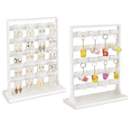 Ikee Design Free Assemble 2 Pcs Set Wooden Jewelry Display Rack with 20 Removable Metal Hooks/Each, Earring Card Display Holder Stand for Necklaces,Bracelet, Keychain Stand, Wash White - color: e) Wash White w/White Hook, 2 Pieces