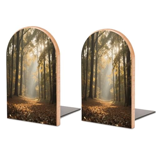 Personalized Wood Book Ends Metal Base Autumn Forest Path Printing Bookend Modern Heavy Duty Bookends for Home Or Office 1 Pair - color: Autumn Forest Path
