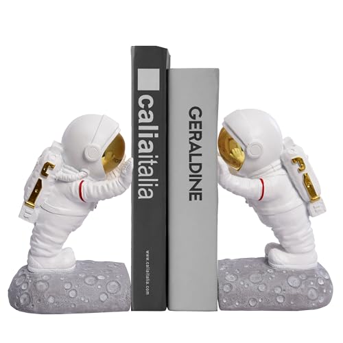 Decorative Space Theme Bookends - Astronaut Resin Bookends with Anti-Slip Base - Sturdy, Fun & Unique Book Holders for Heavy Books (Gold) - color: Astronaut A-gold