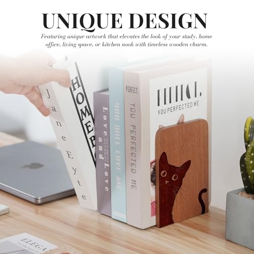 Cat Bookends, Cat Lover Gifts for Women Men, Novelty Book Ends Unique, Heavy Duty Wooden Bookends for Shelves Decorative(1 Pair, 4.72x6.69 Inches) - Tail - color: Tail