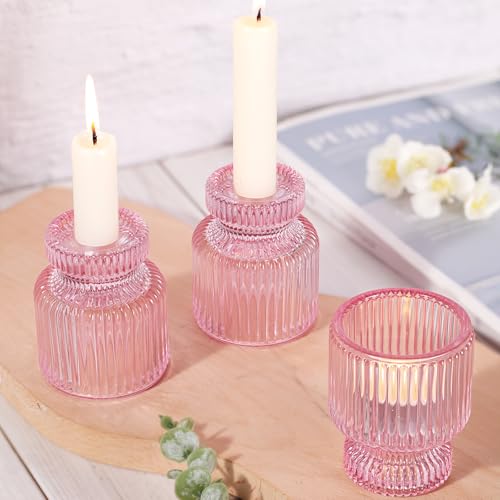 DARJEN 6 Pcs Pink Candlestick Holders - Glass Taper Candle Holders Tealight Votive Candle Holders for Table Centerpieces, Wedding, Dinner Party, Home, Gifts - color: Pink, size: 6Pcs