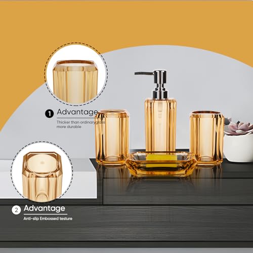 4-Piece Elegant Champagne Gold Bathroom Accessories Set — Soap Dispenser, Soap Dish, Mouthwash Cup & Toothbrush Holder, Glossy Acrylic with Champagne Accent, Vanity Countertop Organizer - color: Champagne Gold