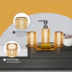 4-Piece Elegant Champagne Gold Bathroom Accessories Set — Soap Dispenser, Soap Dish, Mouthwash Cup & Toothbrush Holder, Glossy Acrylic with Champagne Accent, Vanity Countertop Organizer - color: Champagne Gold