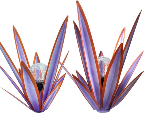 Metal Agave Plant Garden Art, 2 Pack Tequila Rustic Sculpture, Rustic Metal Agave Plants Garden Lawn Home Ornaments, for Yard Stakes, Garden Figurines, Outdoor Patio (2 PCS Purple with Light) - color: 2 Pcs Purple With Light