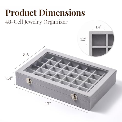 48 Grid Earring Organizer and Storage: Velvet Jewelry Tray with Lid, Jewelry Box for Studs, Earrings, Rings, Necklaces, Dresser & Vanity, Earrings Case Organizer for Girls, Women, 13"x8.6"x2.4", Grey - color: Grey