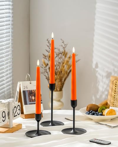 Stmarry Orange Flameless Taper Candles with Remote and Timer, 9.65 Inch Real Wax LED Candlesticks, Fall Taper Candles Battery Operated with 3D Flickering Flame, Thanksgiving Candles for Table, 3 Pack - color: Orange, size: 3 Pack