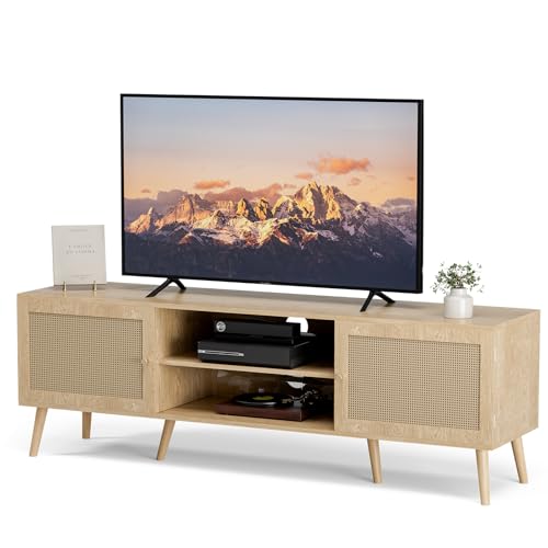 TV Stand for TVs up to 60 Inch, Modern Entertainment Center with Storage, Media Console Table with 2 Cabinets & Shelves, Wooden TV Stand for Living Room Bedroom, Natural - color: Natural