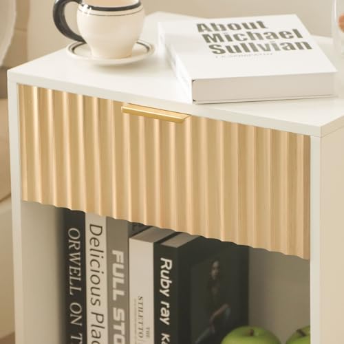 Fultyle Nightstand, Modern Bedside Table with Drawer and Open Shelf, Fluted Night Stand with Solid Wood Legs for Bedroom, Living Room, Office (White Oak) - color: White Oak