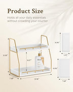 Mustry Bathroom Countertop Organizer, 2-Tier Makeup Organizer for Vanity, Wooden Shelf with Gold Metal Frame for Skincare, Perfume & Decor (White&Gold)