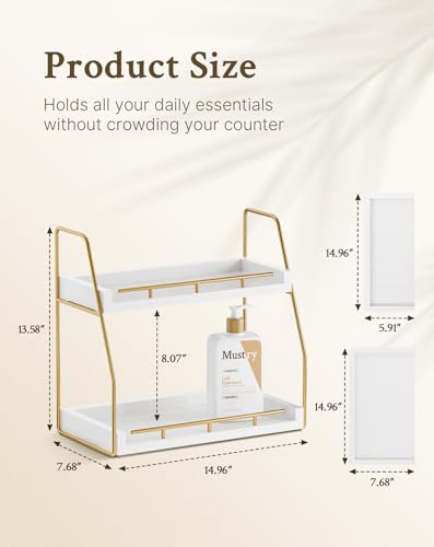 Mustry Bathroom Countertop Organizer, 2-Tier Makeup Organizer for Vanity, Wooden Shelf with Gold Metal Frame for Skincare, Perfume & Decor (White&Gold)