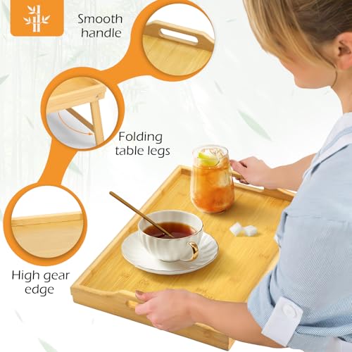 2 Pack Bamboo Bed Tray Table, Folding Legs and Handles, Breakfast Tray, Laptop Desk for Bed or Sofa, Serving Tray for Eating, Working, Reading,Picnic - color: Bamboo, size: 18.1" x 11.2" x 7.7" (2 Pack)