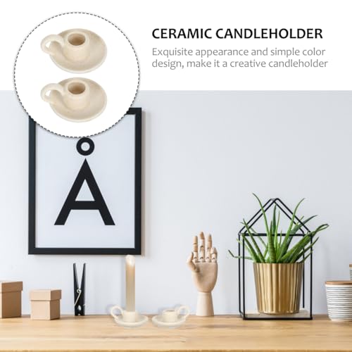 Luxshiny Ceramic Candle Holder Set 2Pcs Nordic Style Taper Candlestick Holders with Handle Small Beige Ceramic Candle Stands for Home Decor Wedding Dining Table Ambient Lighting